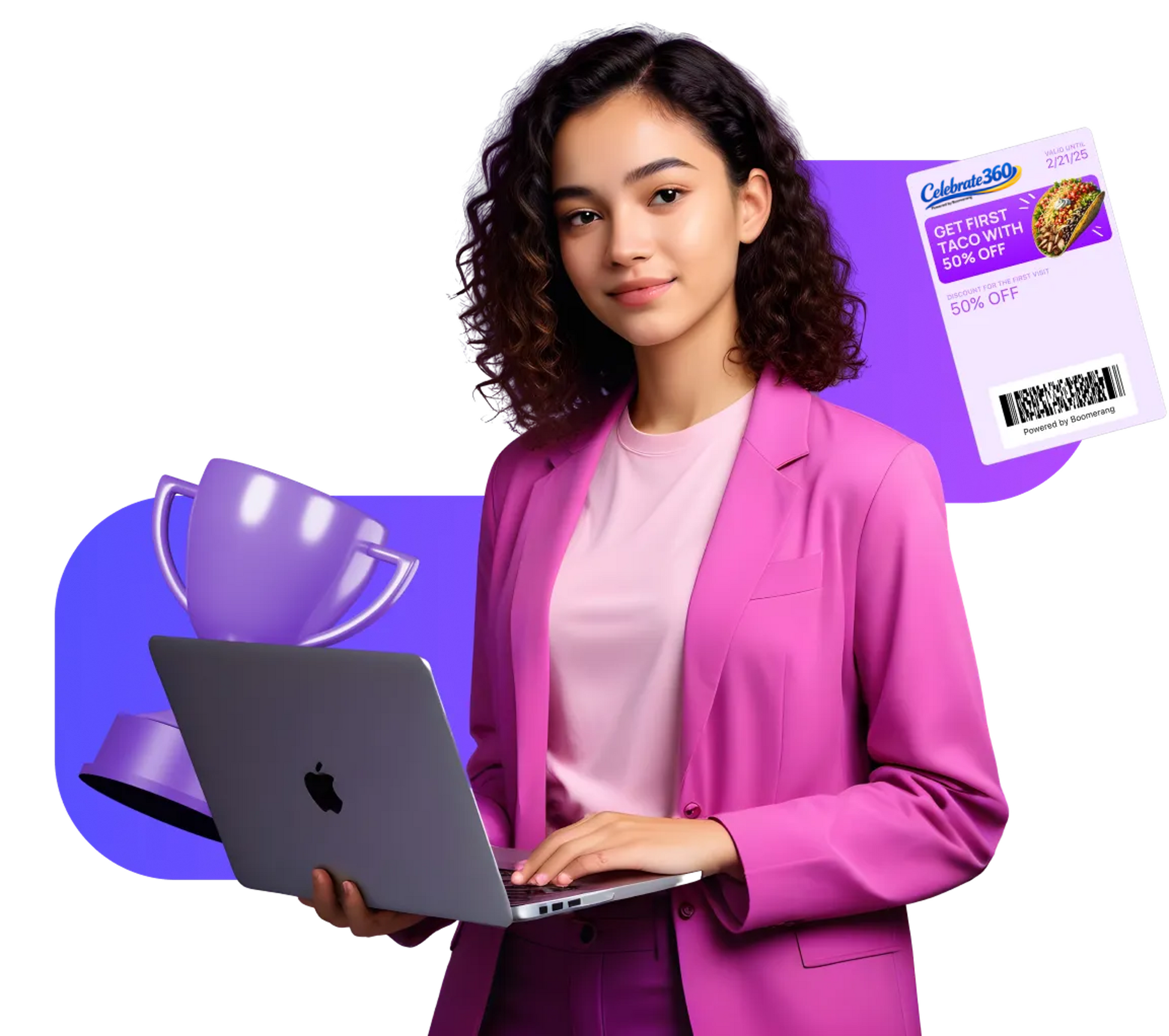 Celebrate 360 Loyalty Program Woman holding laptop with digital Loyalty card behind her